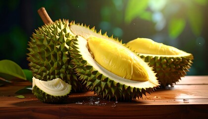 A spiky, halved tropical fruit rests on a wooden surface. The bright yellow flesh is exposed against a blurred green backdrop