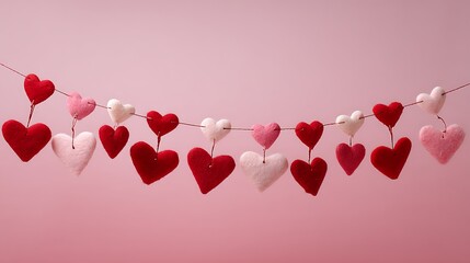 A string of colorful hearts hanging on a pink background for valentines day