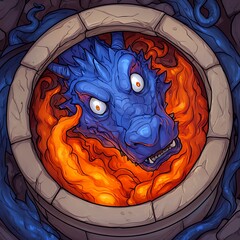 Blue Dragon Head in Fiery Stone Well Pixel Art