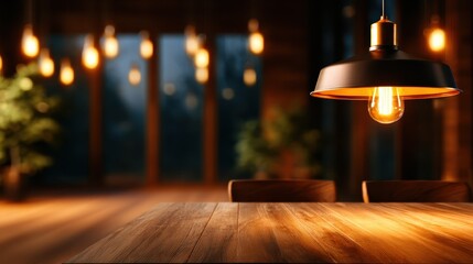 A wooden table is illuminated by a striking industrial pendant light in a beautifully decorated space, creating a cozy atmosphere that is perfect for relaxation or gatherings.