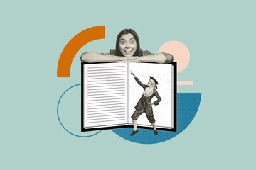 Trend artwork poster composite sketch collage of young lady happy face smile lying open book story novel character man stand retro style
