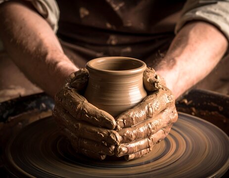 Close-up view of artisan crafting a clay pot on a pottery wheel