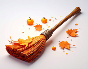 Halloween broom 3d. autumn background with leaves