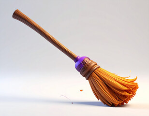 Halloween broom 3d. autumn background with leaves