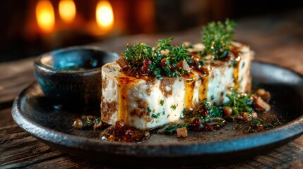 An exquisite gourmet dish beautifully plated on a rustic table, showcasing culinary artistry with vibrant colors, textures, and flavors designed to captivate the senses.