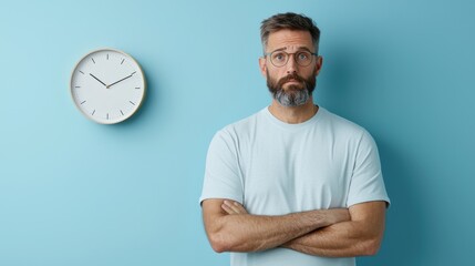 Middle aged man with beard and glasses staring at clock on blue wall expressing boredom and time passing