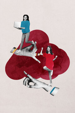 Fototapeta Vertical poster sketch 3d collage of two happy girl guy stand human hands point development direction cooperation teamwork