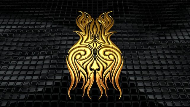 Intricate Abstract Golden Tribal Ornament Hovering in Front of Black Cubes, Exclusive and Stylish Decorative Art for Tattoo or Designer Apparel Concept