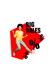 Composite trend artwork 3D sketch image photo collage of young woman happy jump success big sales percent banner black friday cheap day