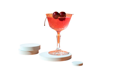 Elegant pink cocktail in a crystal glass, garnished with grapes, on a white podium