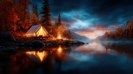 A cozy camping setup with a tent by a peaceful lake during autumn, reflecting the vibrant fall colors and offering a tranquil escape into nature’s beauty.