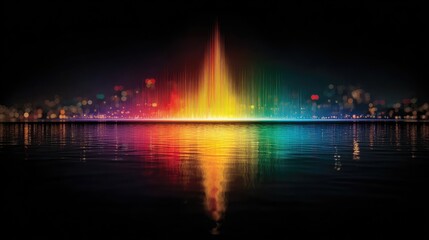 Abstract colorful light display over water with reflection and dark background