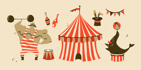A funny and vintage-style vector illustration set featuring classic circus performance characters. This hand-drawn art perfect for retro carnival design and event graphics © virinaflora