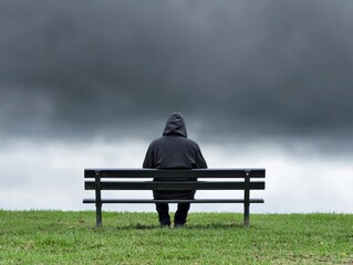 Lonely man hoodie bench park grey sky contemplative solitude