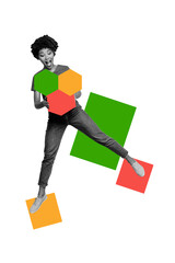 Vertical photo collage of astonished american girl hold puzzle element jigsaw connection match development isolated on painted background