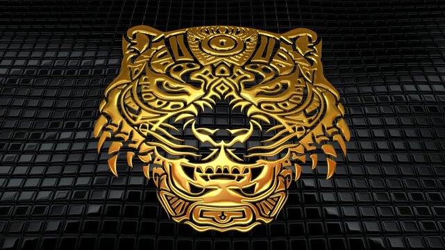 Elegant Abstract Golden Leopard Head Composition Suspended Over Black Cubes, Exclusive and Premium Artwork for Tattoo or Fashion Illustration