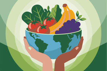 World Food Day Illustration with Hands Holding Earth and Fresh Vegetables, Sustainable Agriculture and Healthy Eating Concept