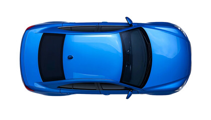 Overhead view of a sleek, blue compact car with tinted windows, set against a black backdrop