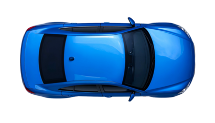 Overhead view of a sleek, blue compact car with tinted windows, set against a black backdrop