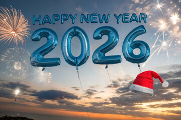 2026 Happy New Year celebration with blue balloon digits, fireworks, sunset sky, and Santa hat — perfect for festive greetings and whimsical campaign visuals.  generative ai