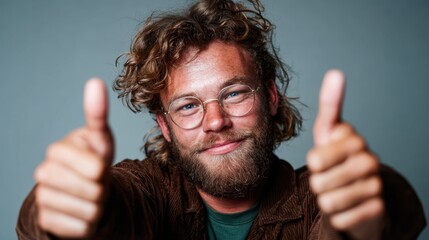A cheerful young man with glasses and curly hair is giving a thumbs up gesture in a softly lit studio setting, exuding positivity and encouragement for viewers.