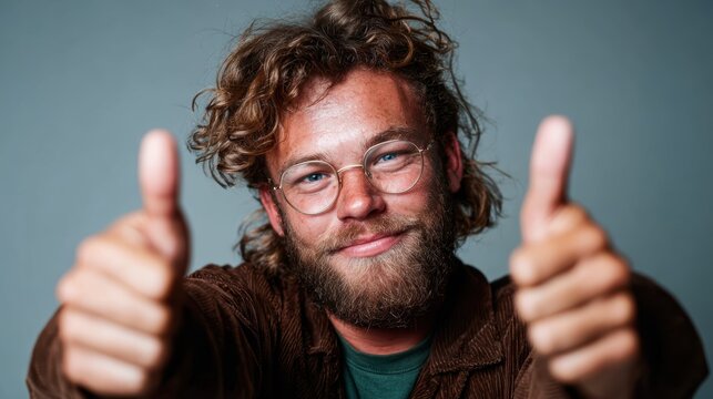 A cheerful young man with glasses and curly hair is giving a thumbs up gesture in a softly lit studio setting, exuding positivity and encouragement for viewers.