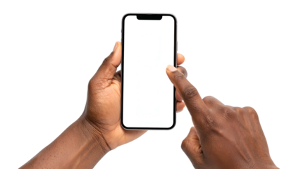 A dark-skinned person's hands holding and touching a blank-screen smartphone against a black background