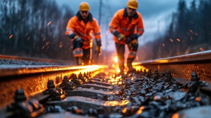 Two diligent workers in safety gear walking along train tracks, surrounded by sparks and flames, symbolizing hard work, industrial endeavors, and the importance of safety in transportation.