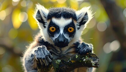 Naklejka premium A ring-tailed primate with striking orange eyes peers intently at the viewer, perched upon a tree branch in a sunlit forest