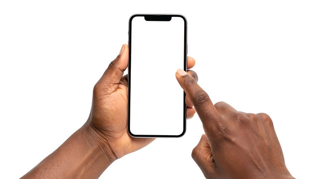 A dark-skinned person's hands holding and touching a blank-screen smartphone against a black background