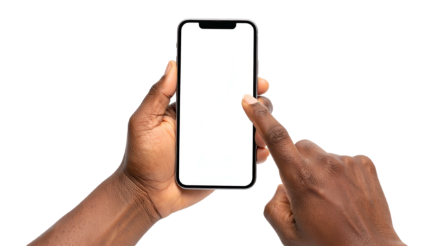A dark-skinned person's hands holding and touching a blank-screen smartphone against a black background - Powered by Adobe