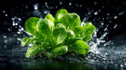 A vibrant bunch of fresh green lettuce splashes into water, showcasing the freshness and vitality of nature's greens in a dynamic and captivating way.