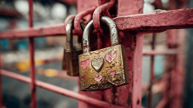 Love locks on a red metal fence with hearts, symbolizing eternal love