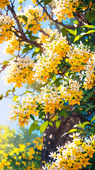 A tree branch heavily laden with small yellow and white flowers in full bloom