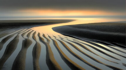 Serene coastal landscape with rippled sand patterns and soft sunrise reflection