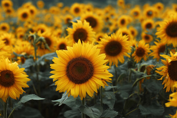 Fototapeta premium A field of yellow sunflowers with a single yellow flower in the foreground