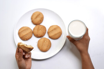 Glass of milk and cookies, eating and drinking. Food photography.