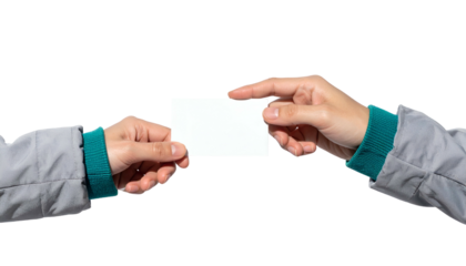 Two hands holding a blank rectangular card, set against a stark black background