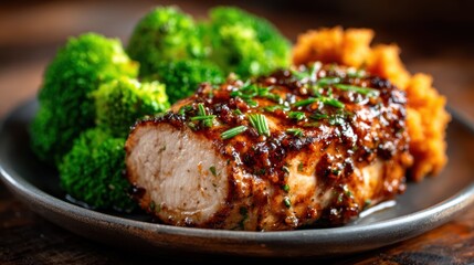 A gourmet dish featuring grilled chicken breast plated with rich, caramelized sauce, accompanied by broccoli and sweet potato mash, perfect for a healthy meal.