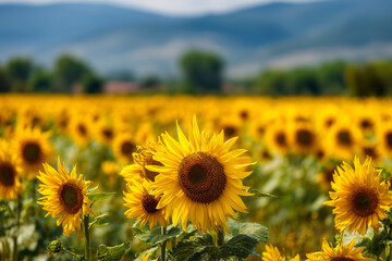 Fototapeta premium A field of yellow sunflowers with a blue sky in the background