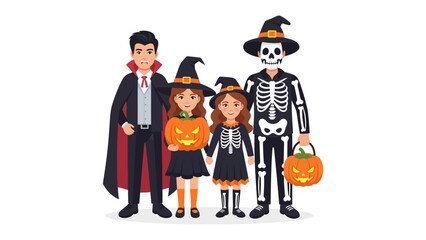 Halloween Family Costumes: A charming family, adorned in a variety of festive Halloween costumes, stands ready to celebrate the spirit of the season.