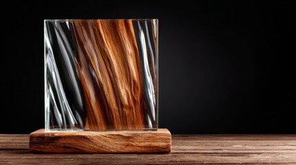 A beautifully crafted glass trophy with a wooden base stands elegantly against a dark backdrop, showcasing exquisite artistry and the perfect blend of materials and design.