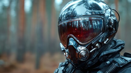 This image features a shiny, futuristic helmet set against a misty forest backdrop, creating a blend of nature and advanced technology, perfect for sci-fi themes.