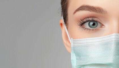 Young woman with surgical mask and visible blue eye showing concern and resilience during pandemic health moment