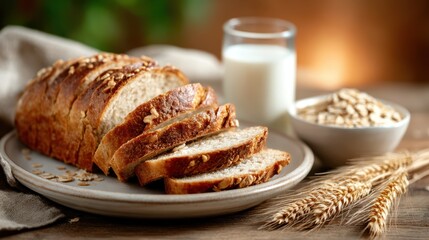 A delightful arrangement of freshly sliced bread, accompanied by a glass of milk and oats, presenting a wholesome and comforting meal experience.