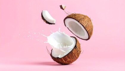 A split coconut with a splash of milk amid pink backdrop. One piece breaks away from the whole