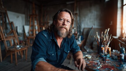 A bearded artist gazes thoughtfully into the camera, surrounded by paintbrushes and colors in his vibrant studio, showcasing creativity and passion for his craft.