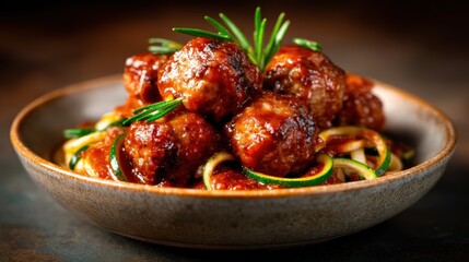 Delicious meatballs glistening in savory sauce rest atop a bed of zucchini noodles, presenting a nutritious and appealing dish that combines healthy eating with rich flavors.