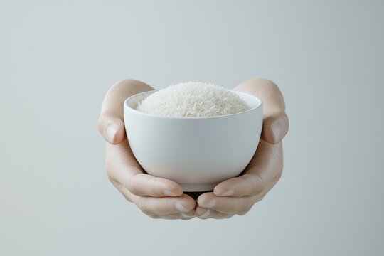 Person with fragile bone holding bowl of rice offering white rice in cupped hands gentle caring gesture hopeful - Powered by Adobe