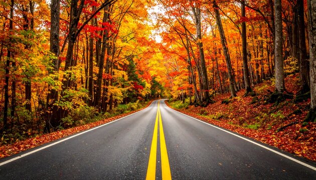 A straight, black road stretches ahead, framed by a vibrant tunnel of fall foliage. Trees with fiery orange and yellow leaves line the path
